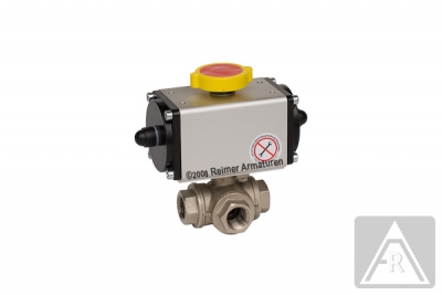 3-way ball valve - brass, L-bore, pneumatically operated (single acting)