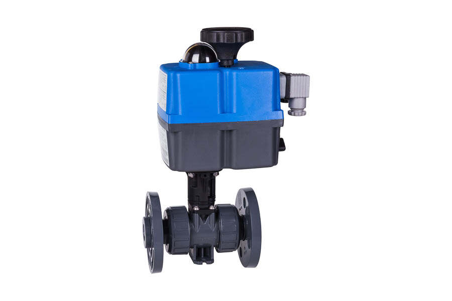 2-way ball valve PVC-U, seats PTFE, backing flanges - electrically operated (230 V)